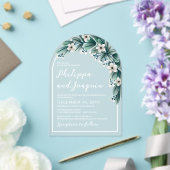 ホワイト&ティール（緑がかった色）ベビーズブレスグリーン結婚リー アクリル招待状 (インサイチュ (ウェディング))