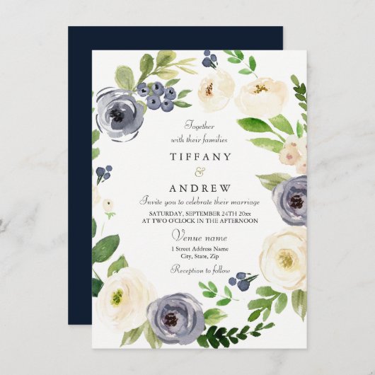 ホワイト&ネイビーウォーターカラーフローラリース結婚ズ 招待状 (正面/裏面)