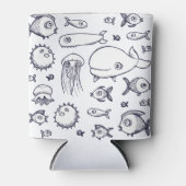 ホワイト&ネイビーフィッシュスケッチスタッビーホルダー 缶クーラー (正面)