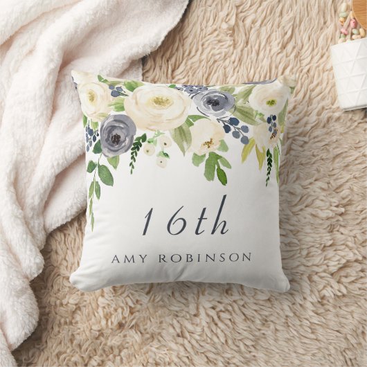 ホワイト&ネイビーフラワーガールズガールズギフト16誕生日 クッション (ブランケット)