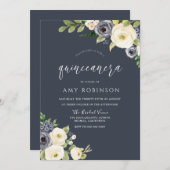 ホワイト&ネイビーフラワーズビューティフルキンセアニェラパーティー 招待状 (正面/裏面)