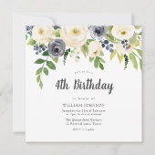 ホワイト・ネイビーフローラガールボーイ写真4th Birthday 招待状 (正面)