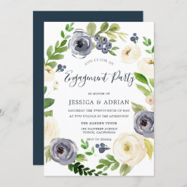 ホワイト&ネイビーフローラリース婚約パーティ 招待状