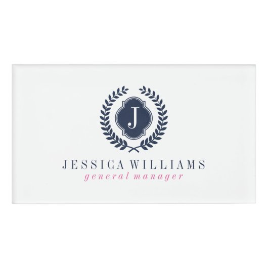 ホワイト&ネイビーブルークレストリースカスタムモノグラム 名札 (正面)