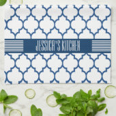 ホワイト&ネイビーブルークローバーパターン キッチンタオル (折り畳み)