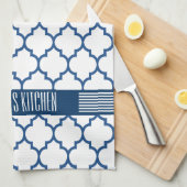 ホワイト&ネイビーブルークローバーパターン キッチンタオル (四つ折り)