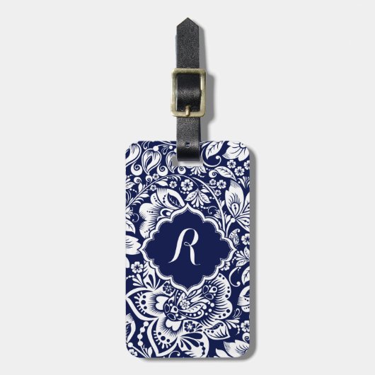 ホワイト&ネイビーブルーフローラダマスク ラゲッジタグ (正面縦)