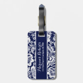 ホワイト&ネイビーブルーフローラダマスク ラゲッジタグ (裏面縦)