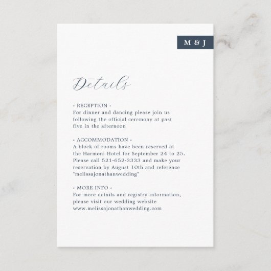 ホワイト&ネイビーブルーモノグラム結婚スクリプトの詳細 エンクロージャーカード (正面)