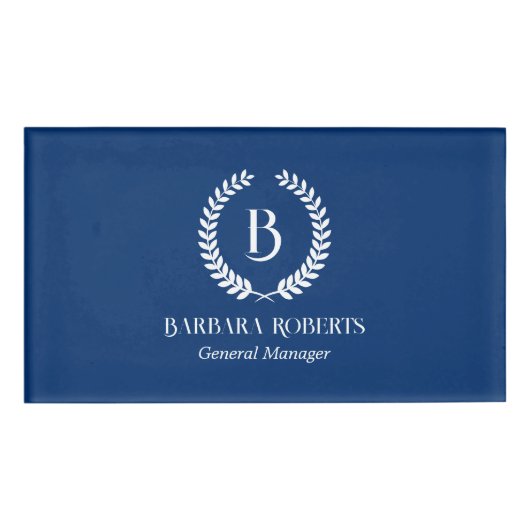 ホワイト&ネイビーブルーローレルリースカスタムモノグラム 名札 (正面)