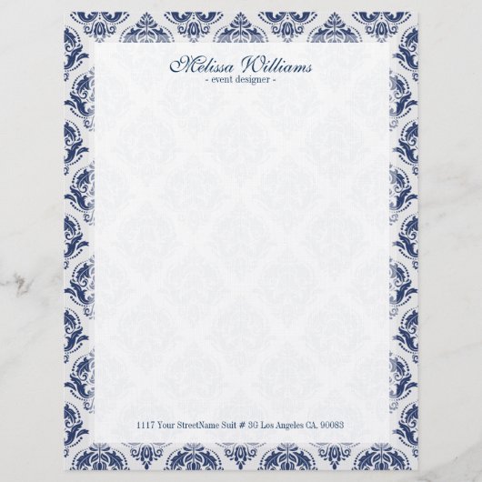 ホワイト&ネイビーブルーヴィンテージダマスパターン レターヘッド (正面)