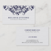 ホワイト&ネイビーブルーヴィンテージフローラスワールレース 名刺 (正面/裏面)