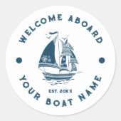 ホワイト&ネイビーブルーヴィンテージ航海のボート2 ラウンドシール (正面)
