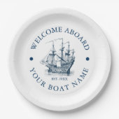 ホワイト&ネイビーブルーヴィンテージ航海のボート ペーパープレート (正面)