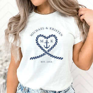 ホワイト&ネイビーブルー ロープ ハート アンカー ウェディング Tシャツ