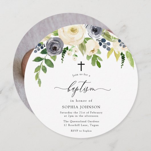 ホワイト&ネイビー花ベビー写真バプテスマ 招待状 (正面/裏面)