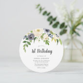 ホワイト&ネイビー花ベビー写真1st誕生日パーティー 招待状 (スタンド正面)