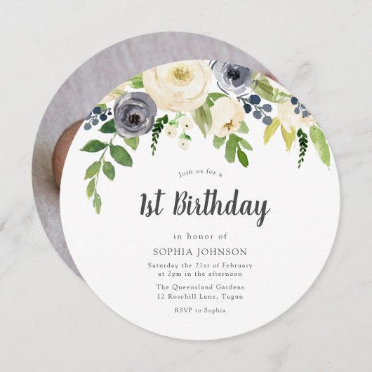 ホワイト&ネイビー花ベビー写真1st誕生日パーティー 招待状 (正面/裏面)