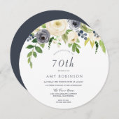 ホワイト&ネイビー花女性70th誕生日パーティー 招待状 (正面/裏面)