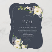 ホワイト&ネイビー花美しい21歳の誕生日パーティー 招待状 (正面/裏面)