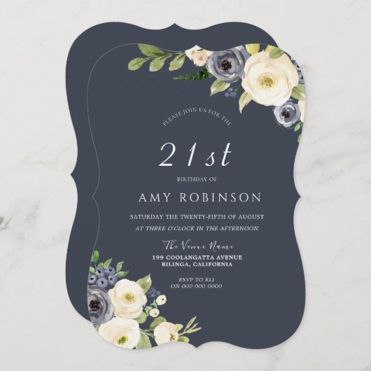 ホワイト&ネイビー花美しい21歳の誕生日パーティー 招待状 (正面/裏面)