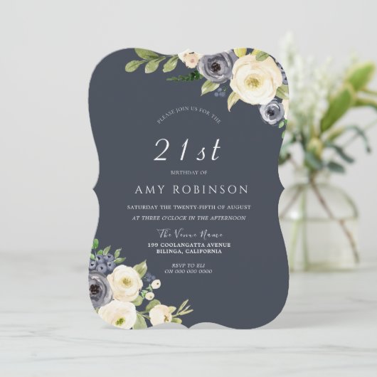 ホワイト&ネイビー花美しい21歳の誕生日パーティー 招待状 (スタンド正面)