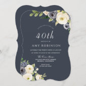 ホワイト&ネイビー花美しい40歳の誕生日パーティー 招待状 (正面/裏面)