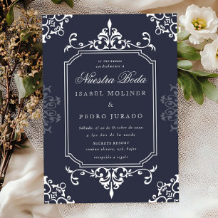 ホワイト ネイビー オーナメント ビンテージ Nuestra Boda ウェディング 招待状
