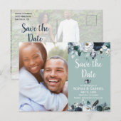 ホワイト・ネービー・ブルー・フローラ・グリーン・ウェディング・セーブ・ザ・デート 案内ポストカード (正面/裏面)