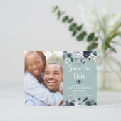 ホワイト・ネービー・ブルー・フローラ・グリーン・ウェディング・セーブ・ザ・デート 案内ポストカード (スタンド正面)