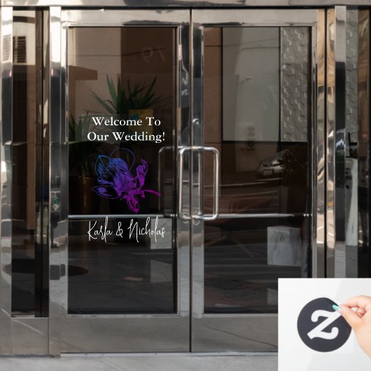 ホワイト&バイオレットフローラ結婚ズ・ウェルカム ウィンドウサイン (オフィスドア)