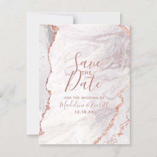 ホワイト&バラ金ゴールドアゲートウェディング日付を保存 マグネット招待状 (正面)