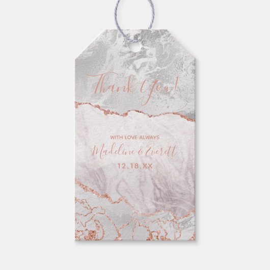 ホワイト&バラ金ゴールドアゲートマーブルフォイルギルトサンキュー ギフトタグ (正面)