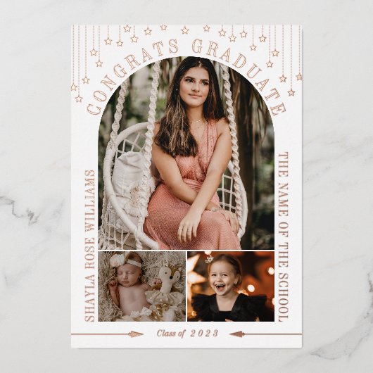ホワイト&バラ金ゴールドスターズアーチフォト卒業 箔招待状 (正面)