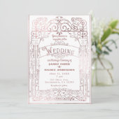 ホワイト&バラ金ゴールドビクトリアンヴィンテージ結婚デコ 招待状 (スタンド正面)