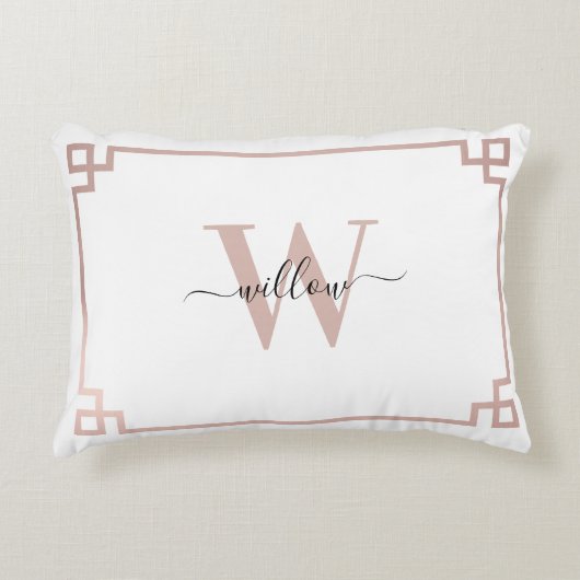 ホワイト&バラ金ゴールドピンクギリシャ鍵 モノグラムの アクセントクッション (正面)