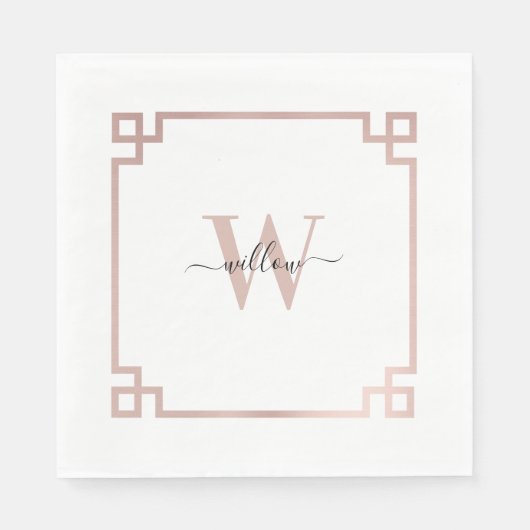 ホワイト&バラ金ゴールドピンクギリシャ鍵 モノグラムの スタンダードランチョンナプキン (正面)