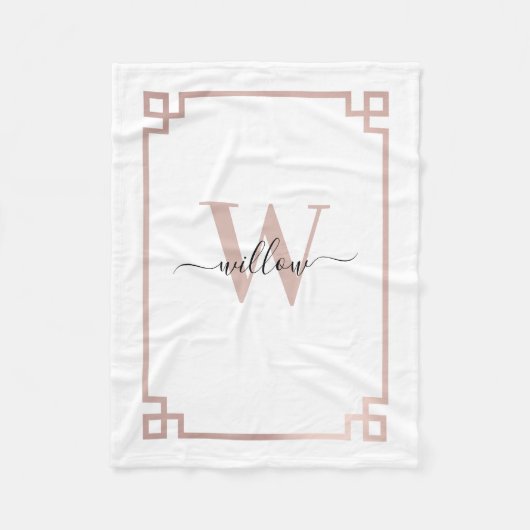 ホワイト&バラ金ゴールドピンクギリシャ鍵 モノグラムの フリースブランケット (正面)