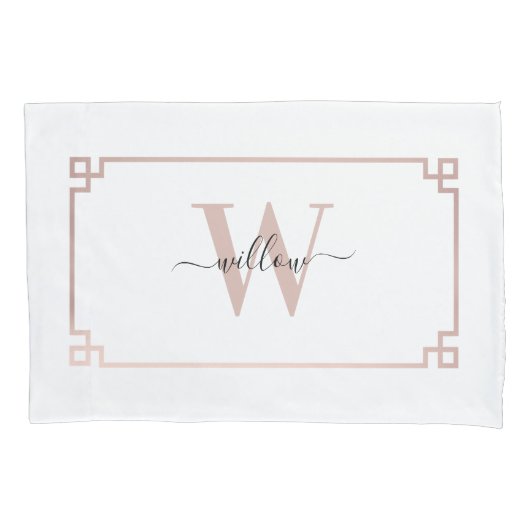 ホワイト&バラ金ゴールドピンクギリシャ鍵 モノグラムの 枕カバー (正面左)