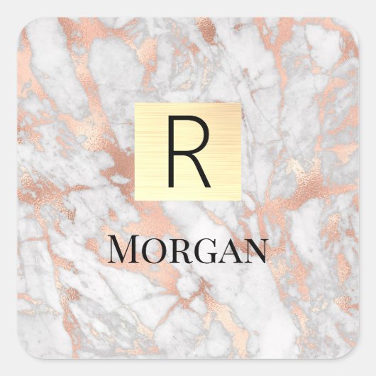 ホワイト&バラ金ゴールド大理石金ゴールドボックス、名前&モノグラム スクエアシール (正面)