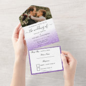 ホワイト&パープルグラデーショングリッターモダンフォト結婚ズ オールインワン招待状 (貼ってはがせる)