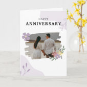 ホワイト&パープルシンプルハッピーアニバーサリーカード カード (黄色い花)