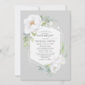 ホワイト ピオニーとグリーン幾何学フレーム ウェディング 招待状 (正面)