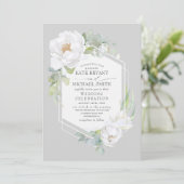 ホワイト ピオニーとグリーン幾何学フレーム ウェディング 招待状 (スタンド正面)
