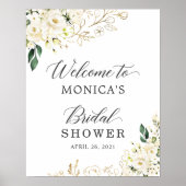 ホワイト ピオニー フラワーズ ゴールド リーフ ブライダル シャワー サイン (正面)