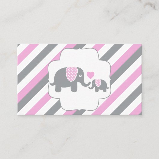 ホワイト、ピンクとグレーのストライプゾウおむつラッフル エンクロージャーカード (正面)