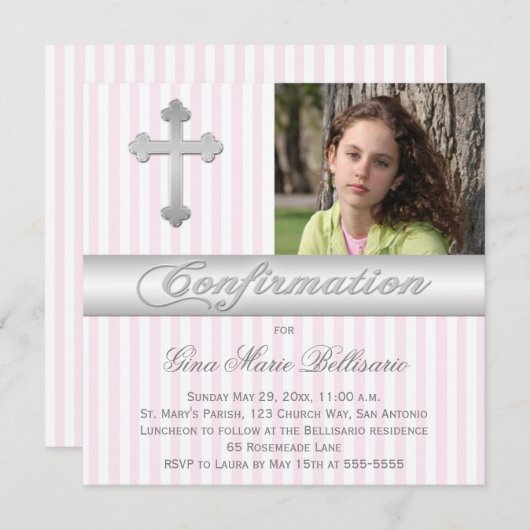 ホワイト、ピンクのストライプ招待状 招待状 (正面/裏面)