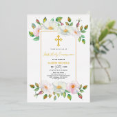 ホワイト、ピンクの野生バラフローラガールファースト・ホーリー金ゴールド 箔招待状 (立ち正面)