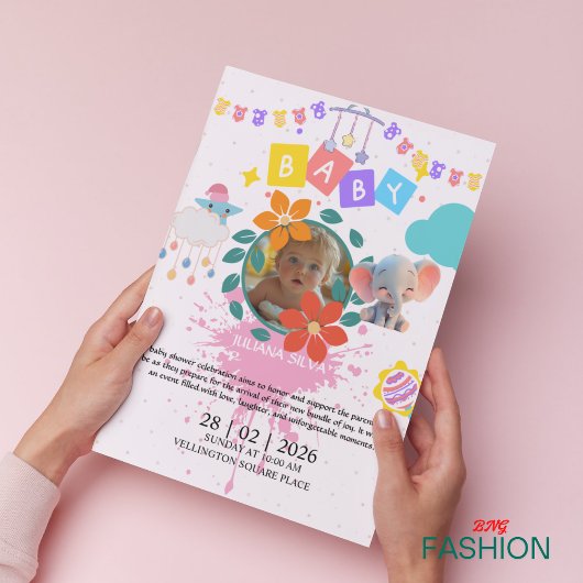 ホワイト&ピンクウォーターカラー美馬クラシック赤ちゃんシャワー 招待状