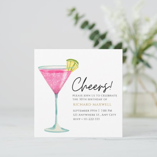 ホワイト&ピンクカクテルエレガントパーティー誕生日 招待状 (スタンド正面)